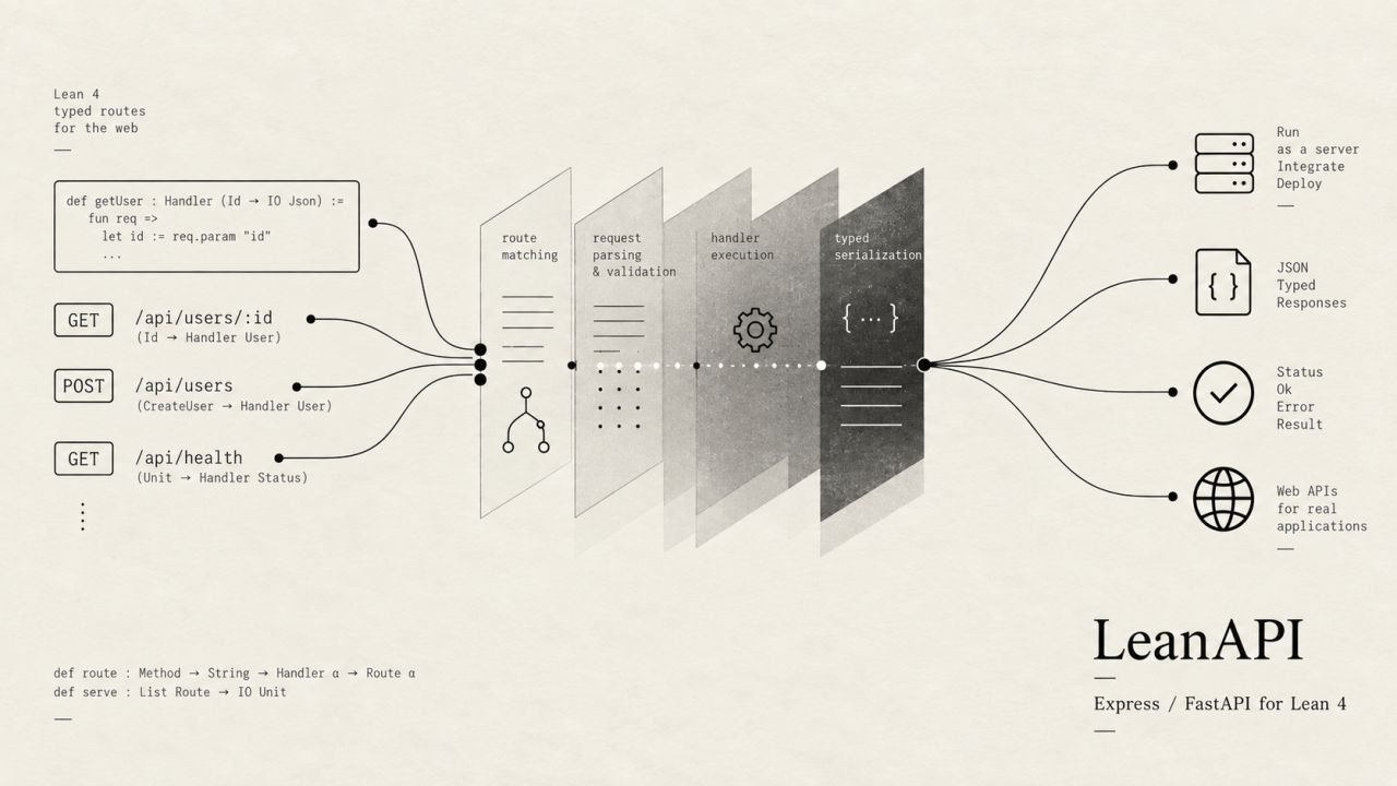 Diagram of LeanAPI: typed Lean routes pass through route matching, request parsing and validation, handler execution, and typed serialization, then out as a server, JSON responses, status codes, and web APIs.
